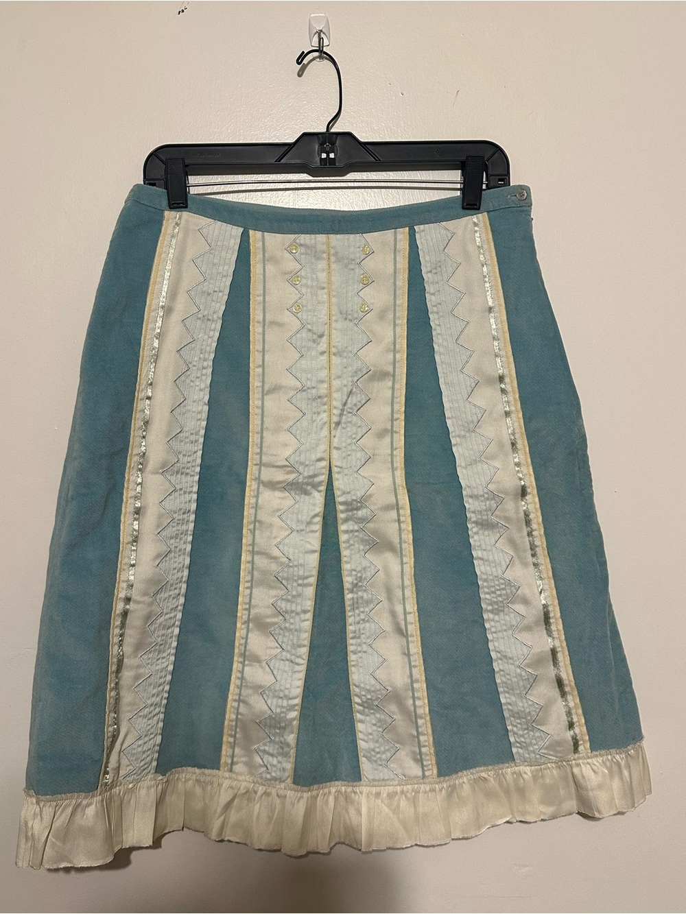 Anthropologie Baby Blue and Cream Paneled A-Line Skirt with Zigzag Trim